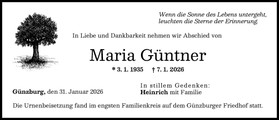 Traueranzeige von Maria Güntner von Günzburger Zeitung