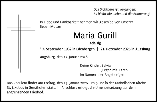 Traueranzeige von Maria Gurill von Augsburger Allgemeine