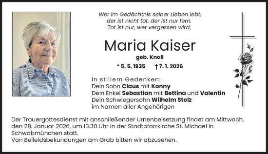 Traueranzeige von Maria Kaiser von Schwabmünchner Allgemeine