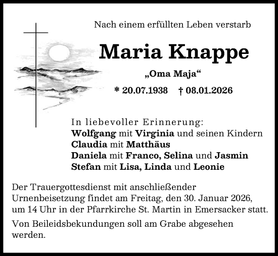 Traueranzeige von Maria Knappe von Augsburg-Land, Wertinger Zeitung