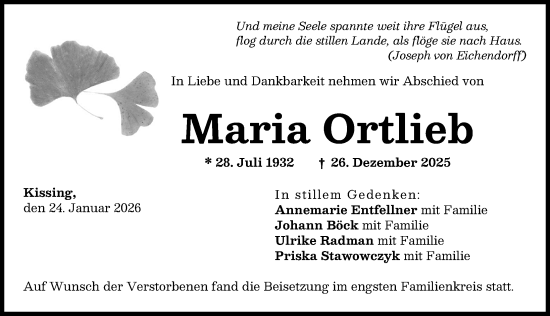 Traueranzeige von Maria Ortlieb von Friedberger Allgemeine