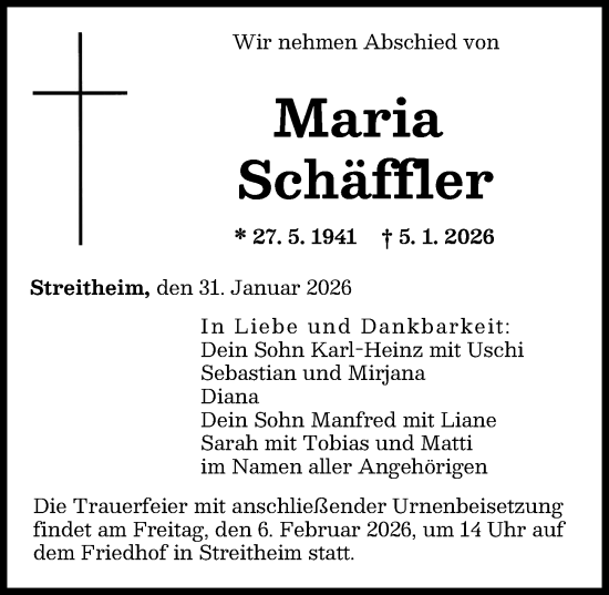 Traueranzeige von Maria Schäffler von Augsburger Allgemeine
