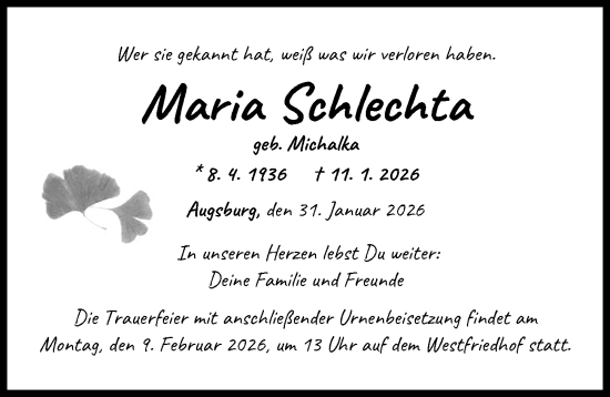 Traueranzeige von Maria Schlechta von Augsburger Allgemeine