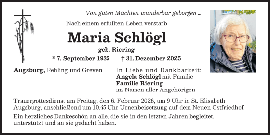 Traueranzeige von Maria Schlögl von Augsburger Allgemeine