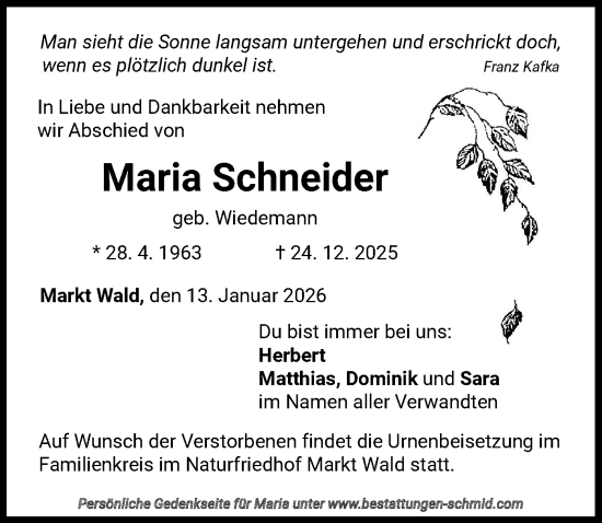 Traueranzeige von Maria Schneider von Mindelheimer Zeitung
