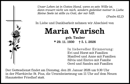 Traueranzeige von Maria Warisch von Augsburger Allgemeine