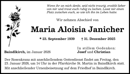 Traueranzeige von Maria Aloisia Janicher von Friedberger Allgemeine