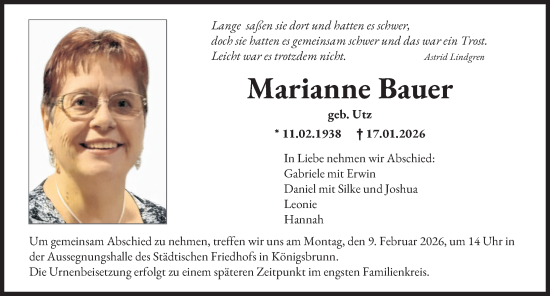 Traueranzeige von Marianne Bauer von Augsburger Allgemeine