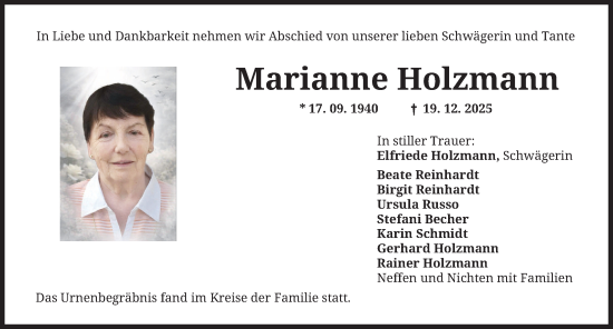 Traueranzeige von Marianne Holzmann von Mindelheimer Zeitung