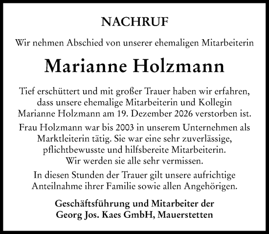 Traueranzeige von Marianne Holzmann von Mindelheimer Zeitung