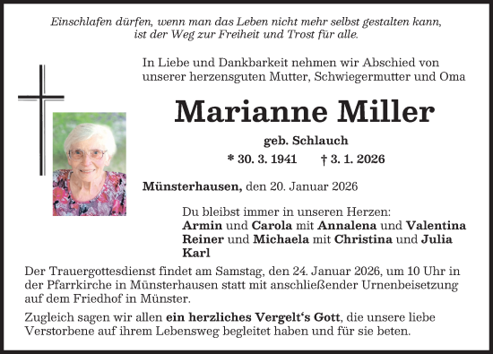 Traueranzeige von Marianne Miller von Mittelschwäbische Nachrichten