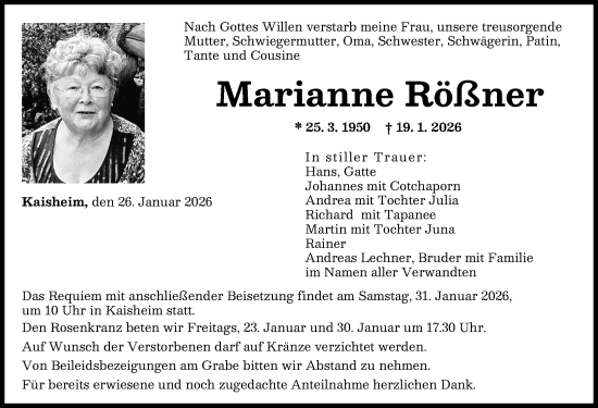 Traueranzeige von Marianne Rößner von Donauwörther Zeitung