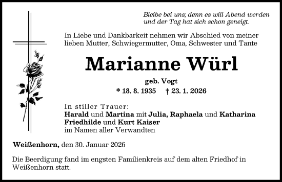 Traueranzeige von Marianne Würl von Neu-Ulmer Zeitung
