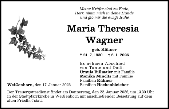 Traueranzeige von Maria Theresia Wagner von Neu-Ulmer Zeitung