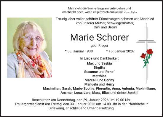 Traueranzeige von Marie Schorer von Mindelheimer Zeitung