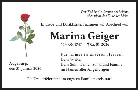 Traueranzeige von Marina Geiger von Augsburger Allgemeine