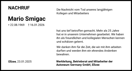 Traueranzeige von Mario Smigac von Mittelschwäbische Nachrichten