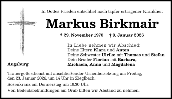 Traueranzeige von Markus Birkmair von Friedberger Allgemeine