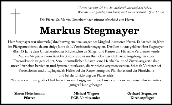 Traueranzeige von Markus Stegmayer von Aichacher Nachrichten