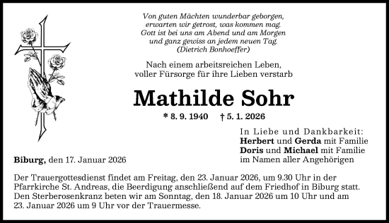 Traueranzeige von Mathilde Sohr von Augsburg-Land