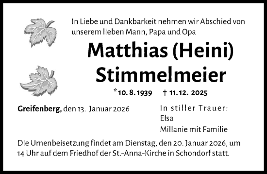 Traueranzeige von Matthias Stimmelmeier von Landsberger Tagblatt