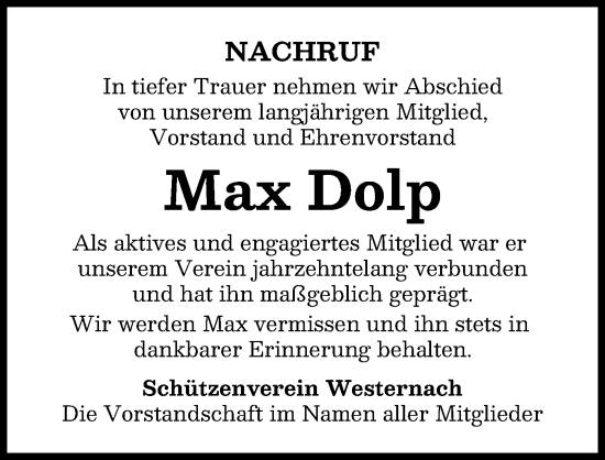 Traueranzeige von Max Dolp von Mindelheimer Zeitung