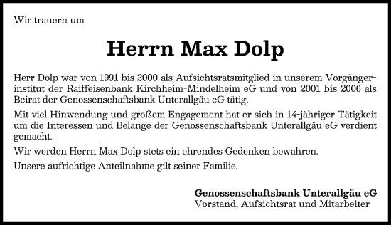 Traueranzeige von Max Dolp von Mindelheimer Zeitung