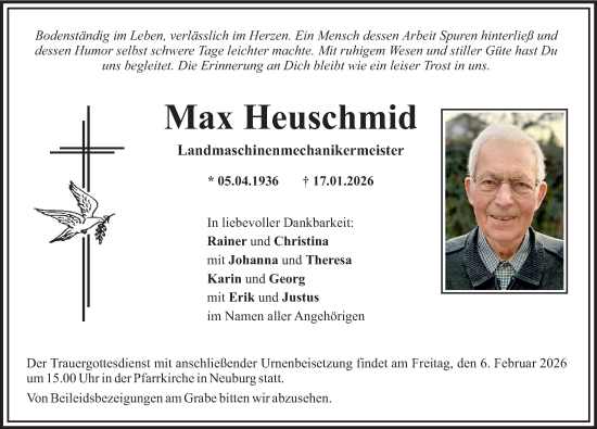 Traueranzeige von Max Heuschmid von Mittelschwäbische Nachrichten