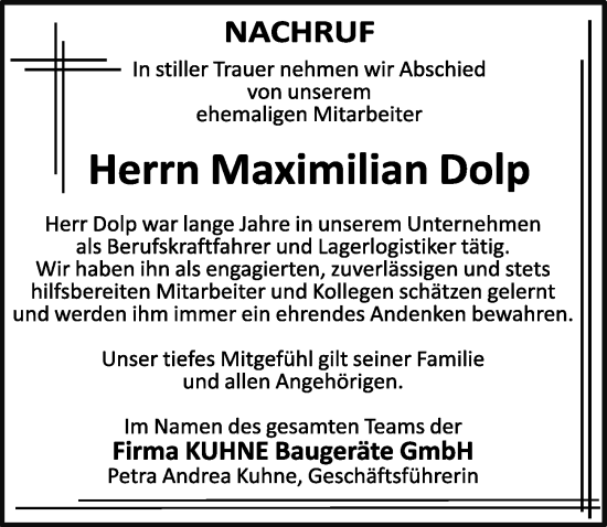 Traueranzeige von Maximilian Dolp von Mindelheimer Zeitung