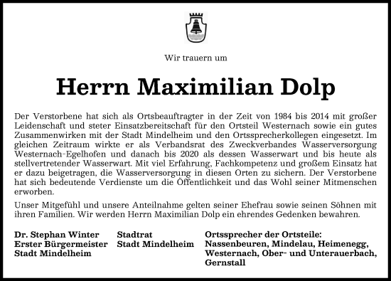 Traueranzeige von Maximilian Dolp von Mindelheimer Zeitung