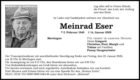 Traueranzeige von Meinrad Eser von Donauwörther Zeitung