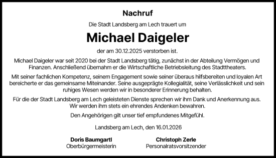 Traueranzeige von Michael Daigeler von Landsberger Tagblatt