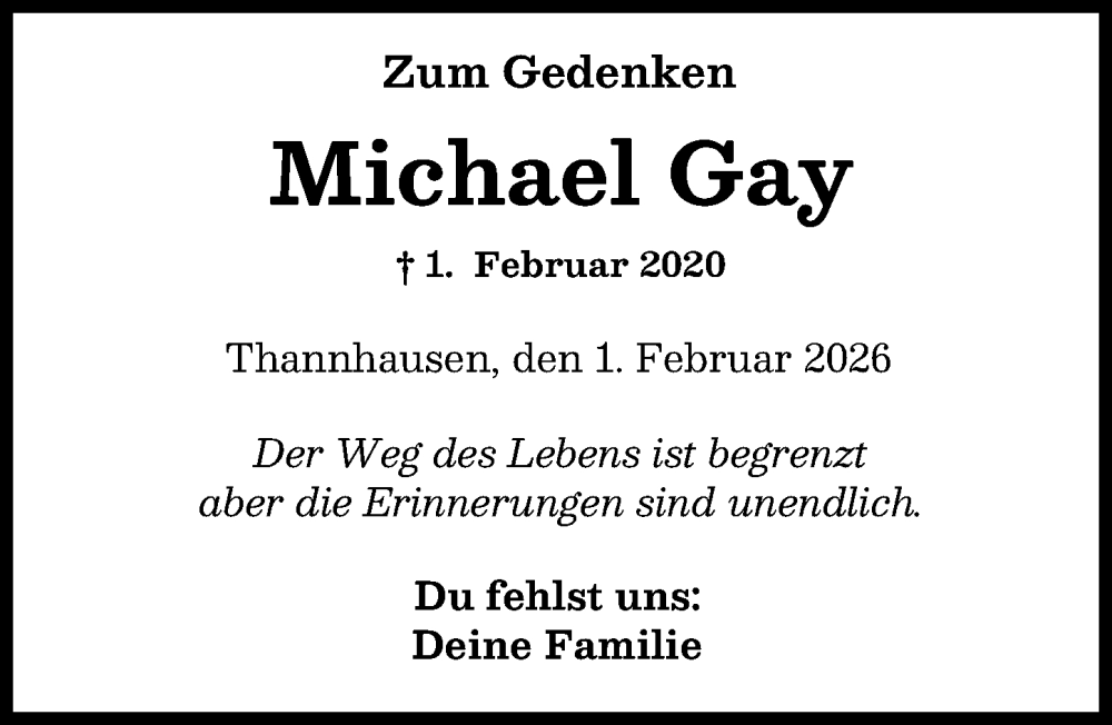  Traueranzeige für Michael Gay vom 31.01.2026 aus Mittelschwäbische Nachrichten