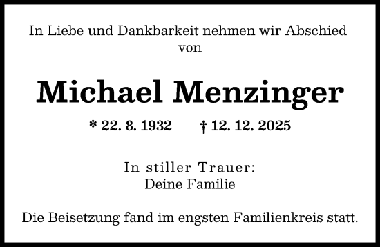 Traueranzeige von Michael Menzinger von Augsburger Allgemeine
