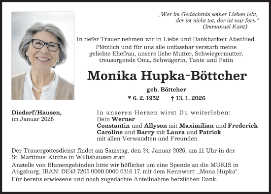 Traueranzeige von Monika Hupka-Böttcher von Augsburg-Land