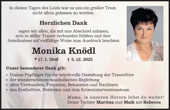 Traueranzeige von Monika Knödl von Friedberger Allgemeine