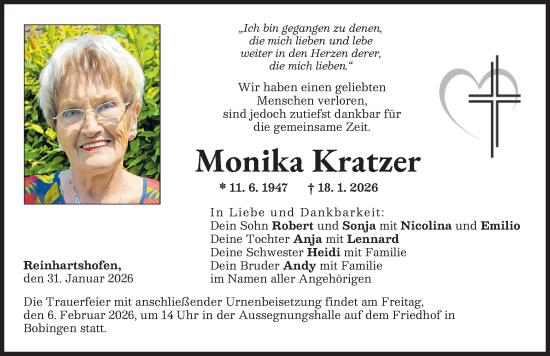 Traueranzeige von Monika Kratzer von Schwabmünchner Allgemeine