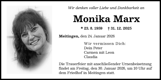 Traueranzeige von Monika Marx von Augsburger Allgemeine