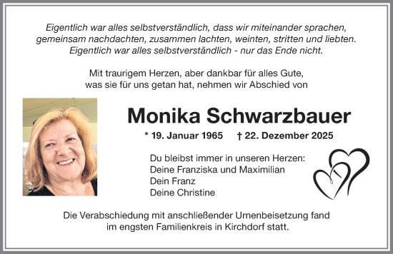 Traueranzeige von Monika Schwarzbauer von Mindelheimer Zeitung