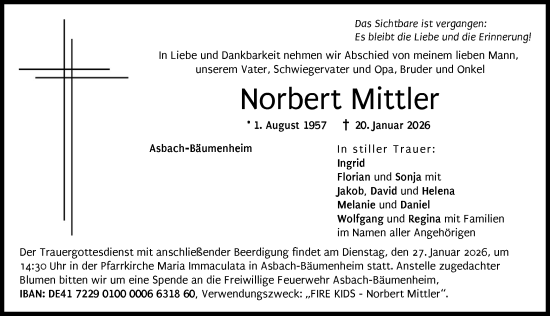 Traueranzeige von Norbert Mittler von Donauwörther Zeitung