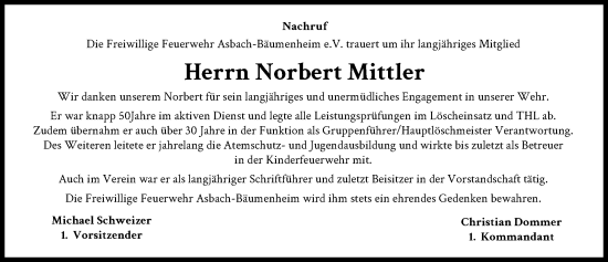 Traueranzeige von Norbert Mittler von Donauwörther Zeitung