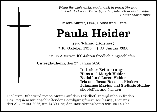 Traueranzeige von Paula Heider von Donau Zeitung