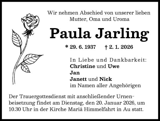 Traueranzeige von Paula Jarling von Illertisser Zeitung