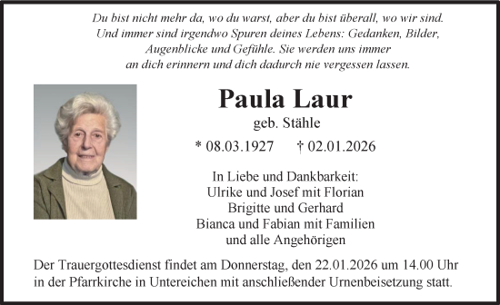 Traueranzeige von Paula Laur von Illertisser Zeitung
