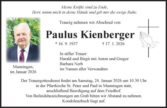 Traueranzeige von Paulus Kienberger von Rieser Nachrichten