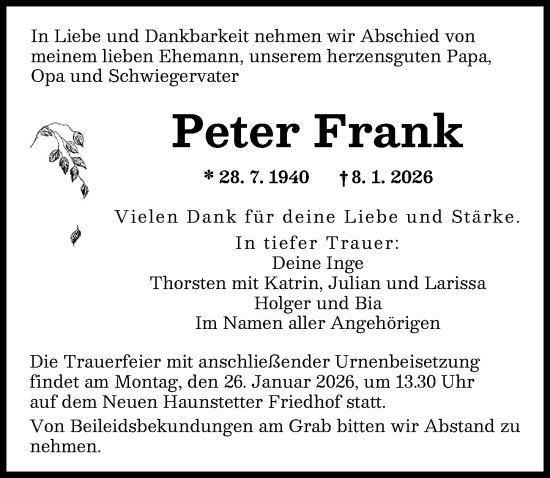 Traueranzeige von Peter Frank von Augsburger Allgemeine
