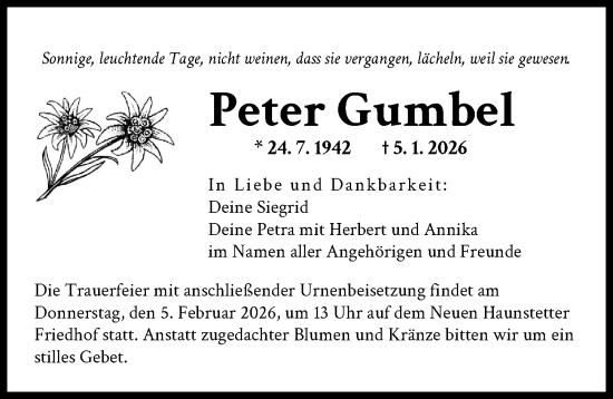 Traueranzeige von Peter Gumbel von Augsburger Allgemeine