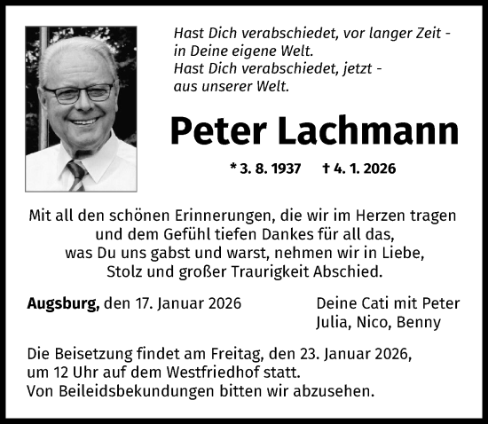 Traueranzeige von Peter Lachmann von Augsburger Allgemeine