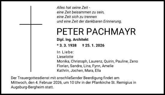 Traueranzeige von Peter Pachmayr von Augsburger Allgemeine