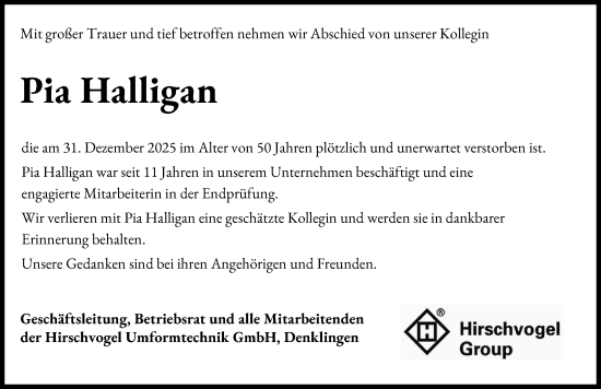 Traueranzeige von Pia Halligan von Landsberger Tagblatt